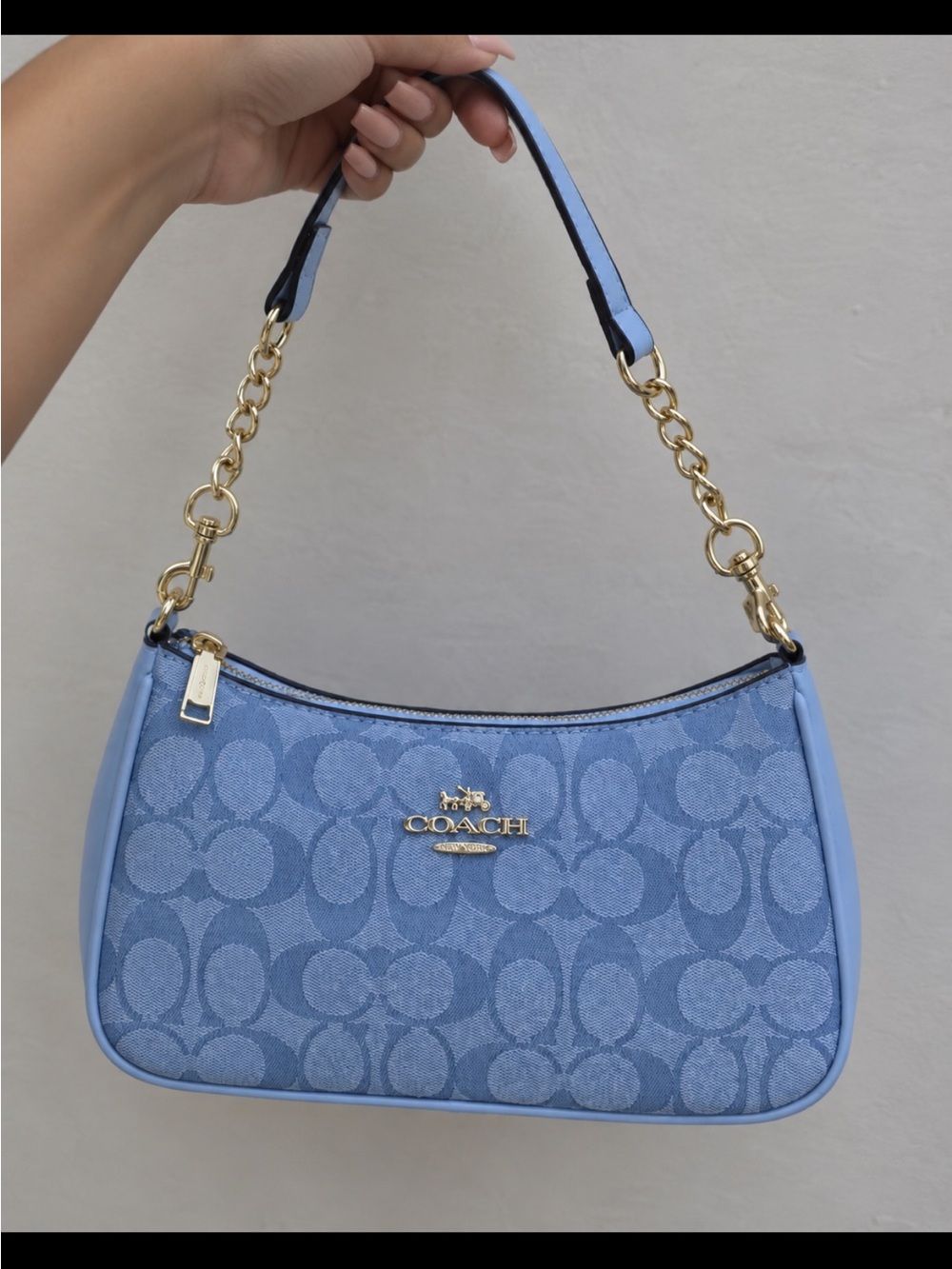 Coach Light Blue Monogram Jacquard Shoulder Bag with Gold Hardware